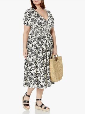 The Drop Daisha Rushed Shirred waist Black & White Floral Midi Dress size 3X